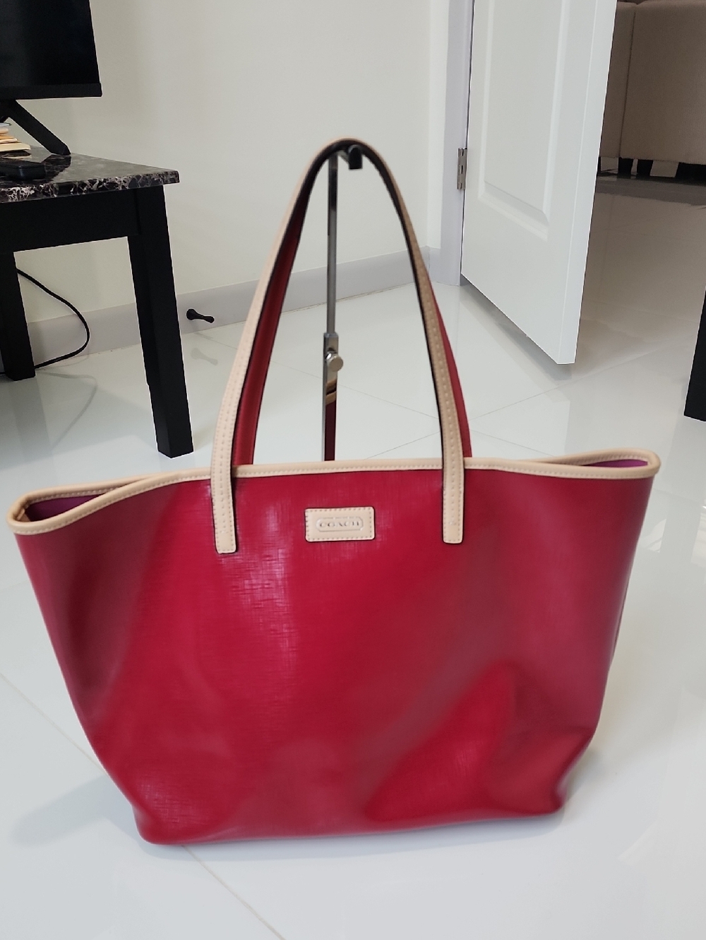 Coach Red Leather Tote with Cream Trim and Handles